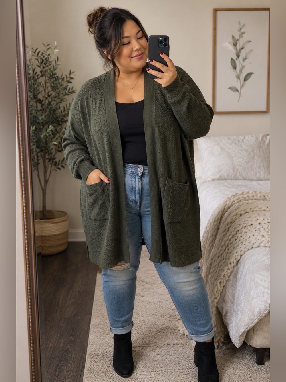Love Ellie Military Green Women's Open Front Textured Cardigan Sweater Size 2X